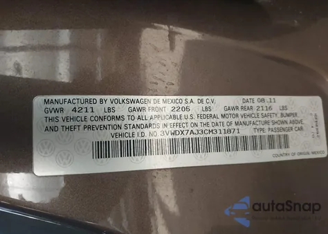 2012 Volkswagen Jetta 2.5L Se z USA, uszkodzony, nr VIN 3VWDX7AJ3CM311871